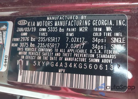 2019 Kia Sorento 2.4L Lx z USA, uszkodzony, nr VIN 5XYPG4A34KG560613